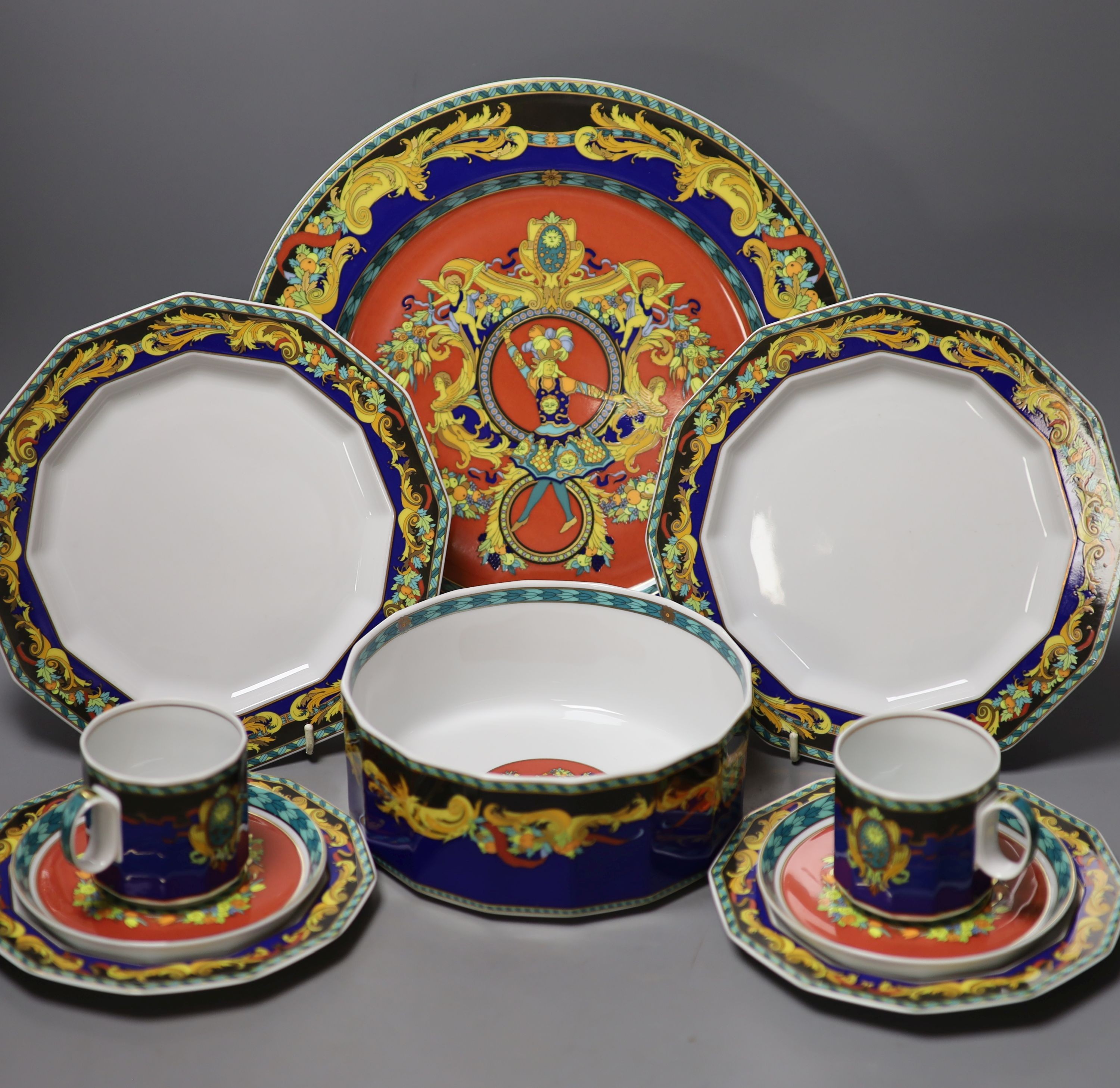 A group of Versace Rosenthal Le Roi Soleil plates and coffee cups and saucers and a bowl, 18.5cm, ten in total